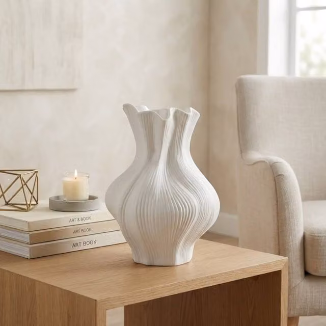 Garden Greatness Maison Wavy Ribbed Ceramic Vase in White and Multicolour, H 19.0 cm x W 14.0 cm x D 14.0 cm