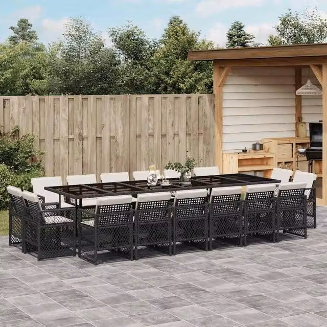 Berkfield Home 17 Piece Black Poly Rattan Garden Dining Set with Cushions and Glass Top
