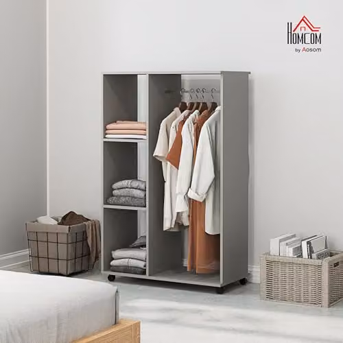 HOMCOM Rolling Open Wardrobe with Clothes Rail and Storage Shelves, Grey, W: 80 cm, D: 40 cm, H: 128 cm – 2
