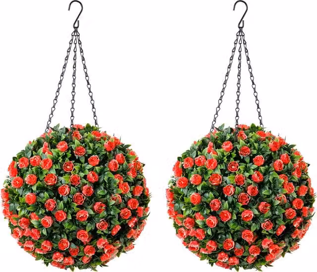 Christow Set of 2 Red Artificial Rose Hanging Topiary Balls, Diameter: 28 cm