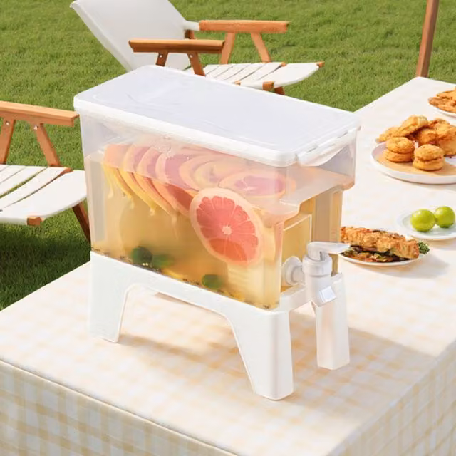 Komore 3.5L Refrigerator Beverage Dispenser Jug with Drip-Free Spout and Base, White and Transparent