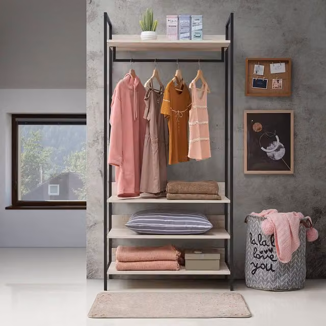 Timber Art Design Zahra Open Wardrobe with Four Shelves and Hanging Rod in Ash Oak and Grey, W: 83.8 cm, D: 40.0 cm
