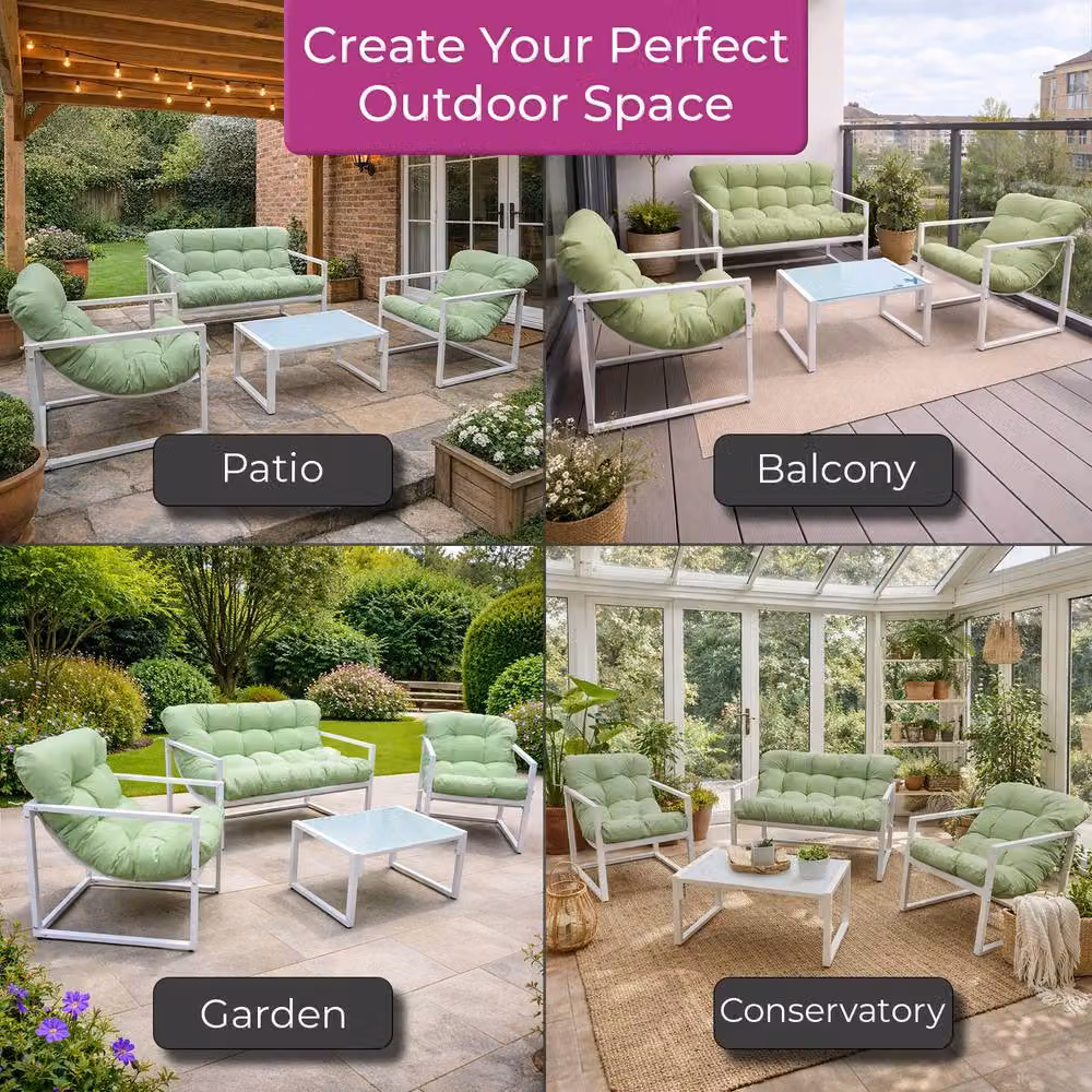 Neo 4 Piece Outdoor Metal Patio Furniture Set with Cushions and Glass Table in Green – 4