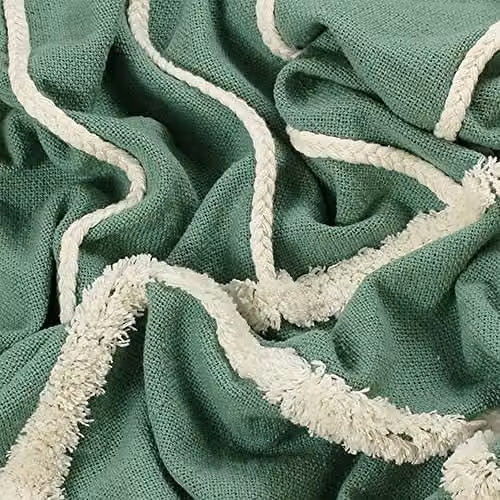 Riva Home Woven Cotton Boho Throw with Fringes, Green, W: 130 cm, D: 150 cm – 3