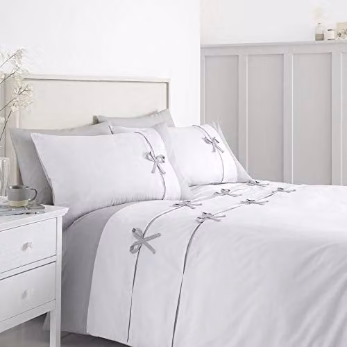 Catherine Lansfield Milo Bow King Duvet Cover Set with Pillowcases in White (Duvet Cover: 180 x 200 cm, Pillowcases: 50 x 75 cm)
