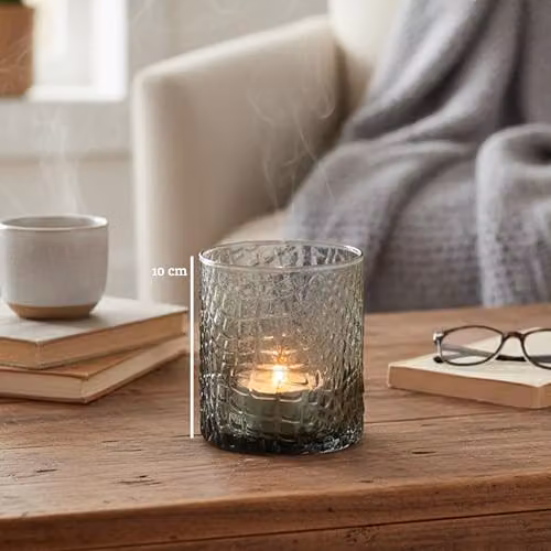 Premier Housewares Snakeskin Pattern Smoked Glass Tealight Holder in Black, Grey and Transparent, W/D/H: 10.0 x 9.0 x 9.0 cm – 2