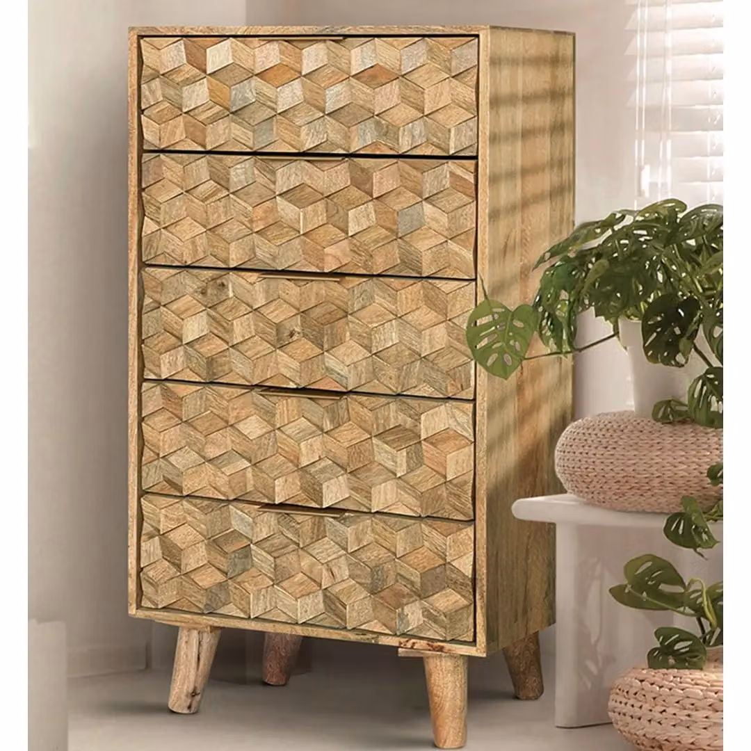 Jaipur Furniture Ltd Geometric 5 Drawer Tall Chest in Mango Wood, Brown, W: 55 cm, D: 40 cm, H: 118 cm – 3