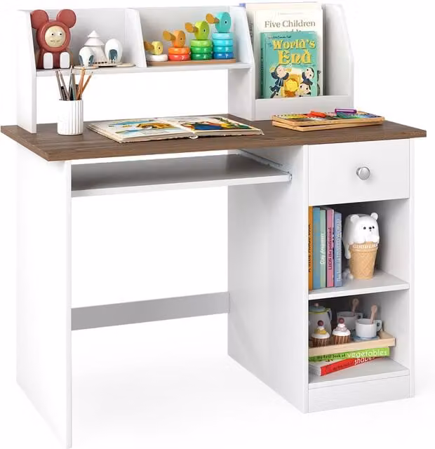 Gymax Natural Wooden Computer Desk with Keyboard Tray and Drawer