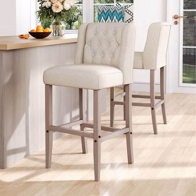 Livingandhome Set of 2 Beige Linen Tufted Bar Stools with Wooden Legs