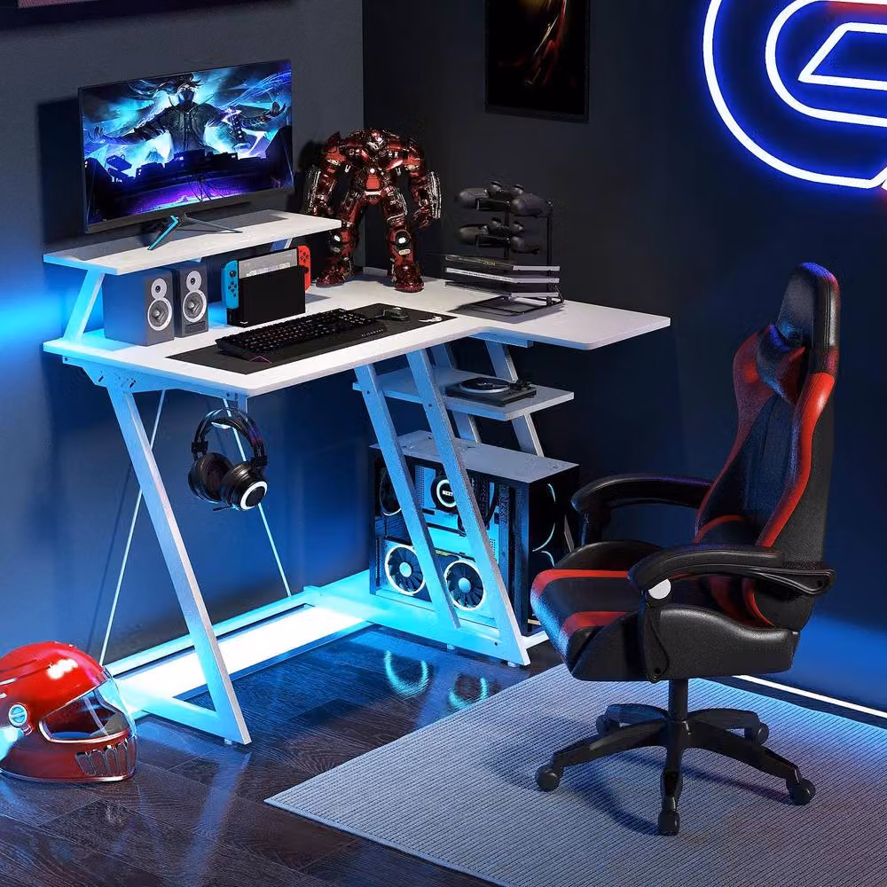 Gymax Corner Gamer Desk with Monitor Shelf and USB Ports, White – 7