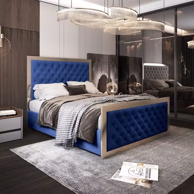 KDMD Maddison King Size Upholstered Velvet Bed Frame in Blue