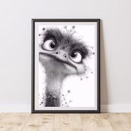 60 Second Makeover Ostrich with Daisies Floral Print Wall Art Poster, A4