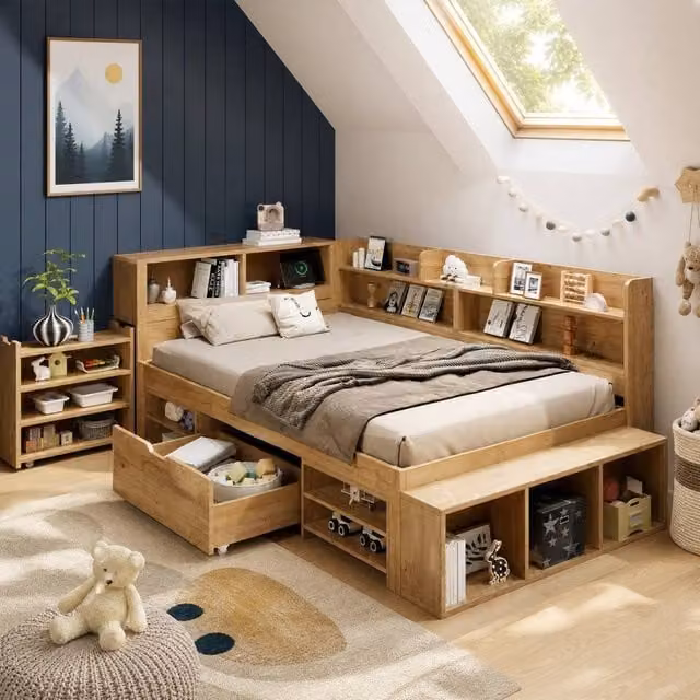 STILVORA Single 3ft Bed Frame with Side Compartment Storage in Natural Solid Wood, W: 90 cm, L: 190 cm – 1