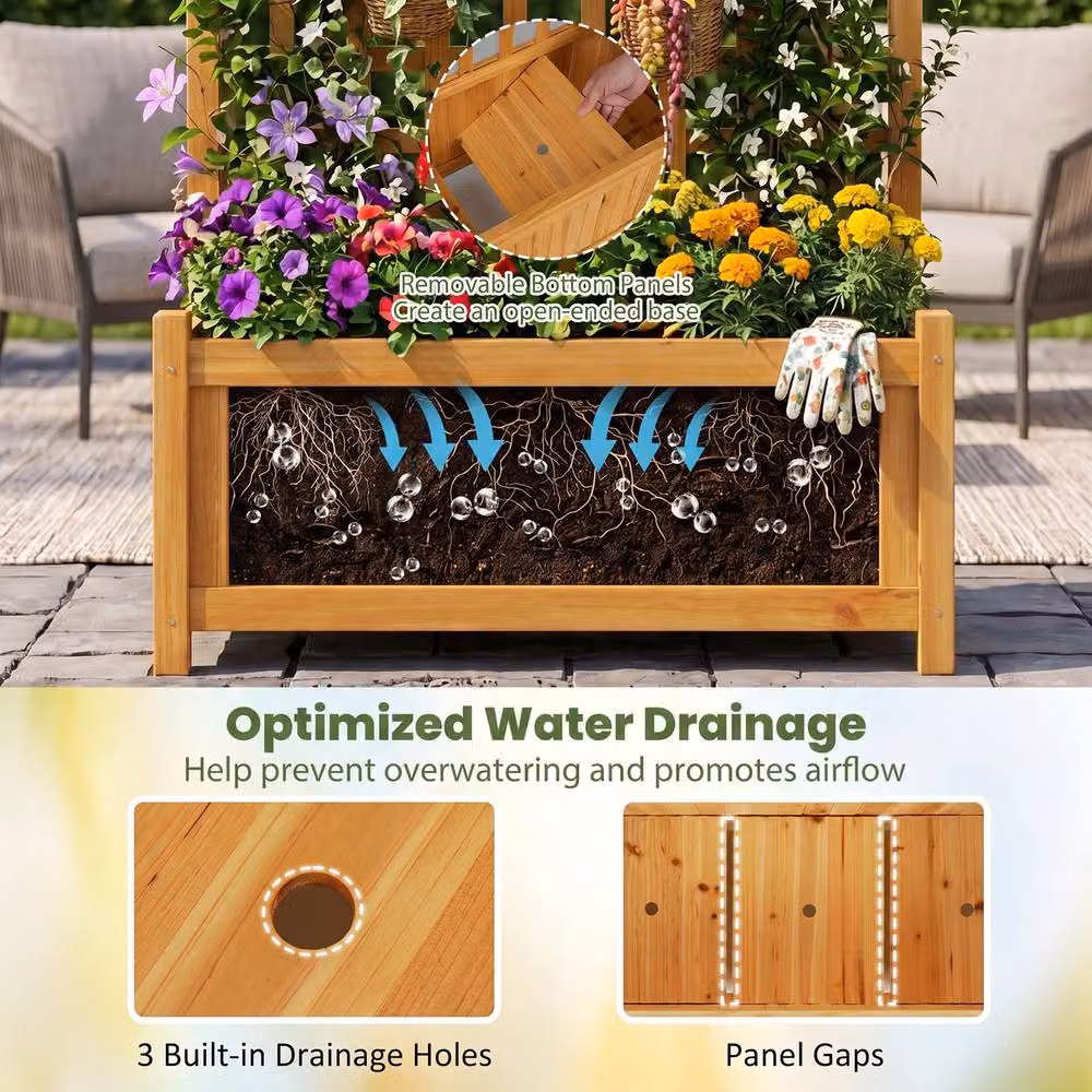 Costway Wooden Raised Garden Bed with Trellis and Drainage Holes, Orange, W/D/H: 143 x 66 x 32 cm – 6