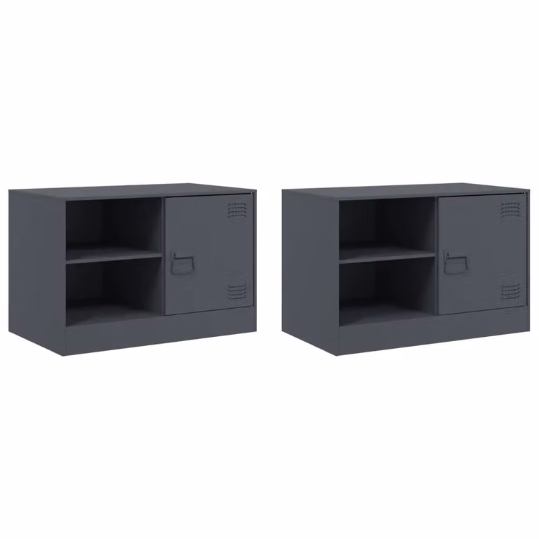 Berkfield Home Set of 2 Anthracite Metal TV Cabinets with Hinged Doors and Internal Shelves, W/D/H: 67 x 39 x 44 cm