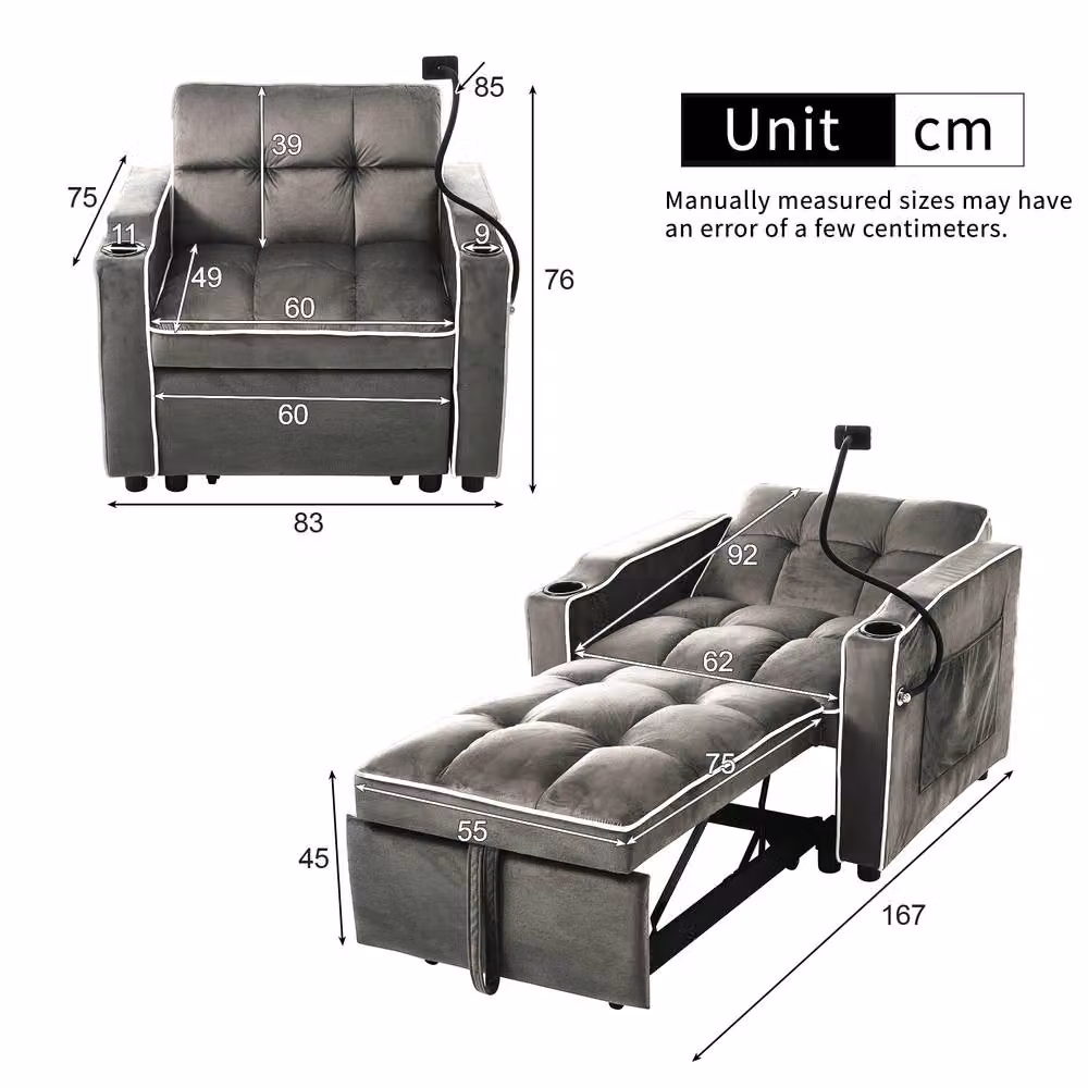 BTM 3 in 1 Recliner Sofa Bed with Drink and Phone Holder in Grey Velvet Fabric – 2