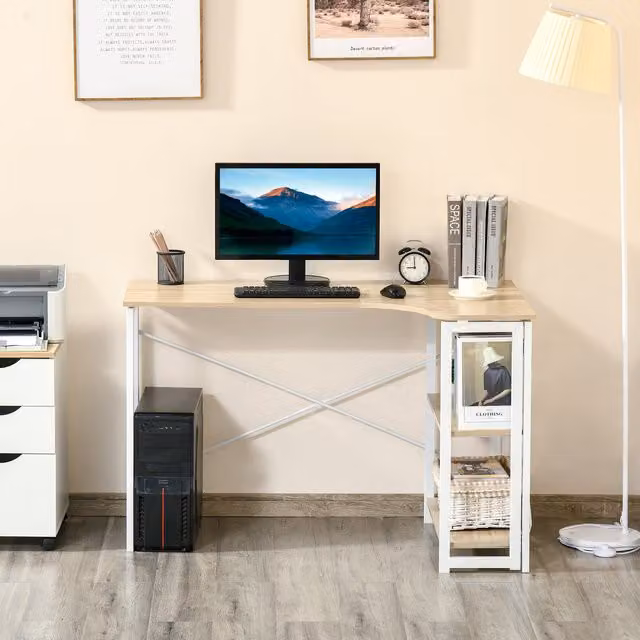 HOMCOM L-Shaped Corner Computer Desk with 2 Shelves in Oak