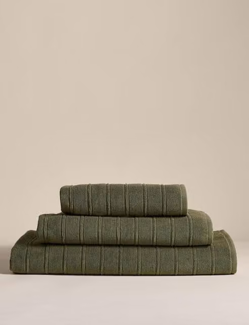 M&S Egyptian Cotton Striped Towel in Beige and Green