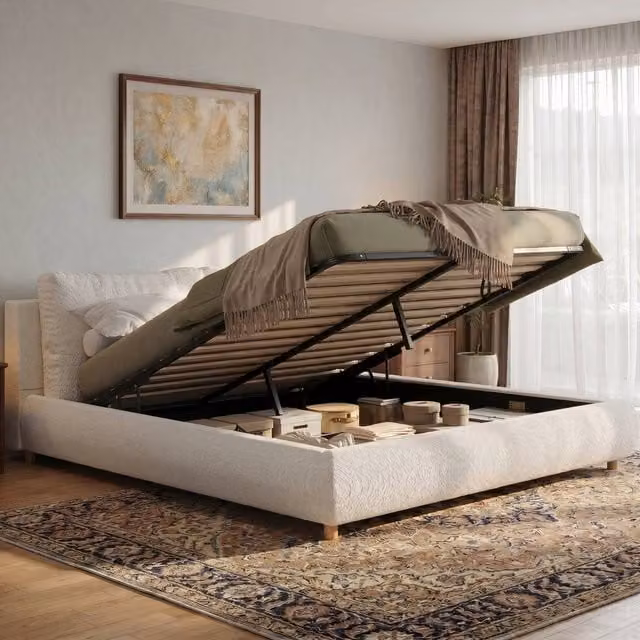 Rolipo Double Ottoman Storage Bed Frame in Warm White Boucle Fabric, W/D/H: 140 x 200 cm