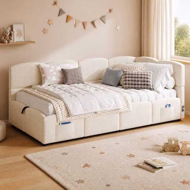 STILVORA Single Sofa Bed with USB and Hydraulic Storage in Beige, W: 90 cm, L: 190 cm – 1