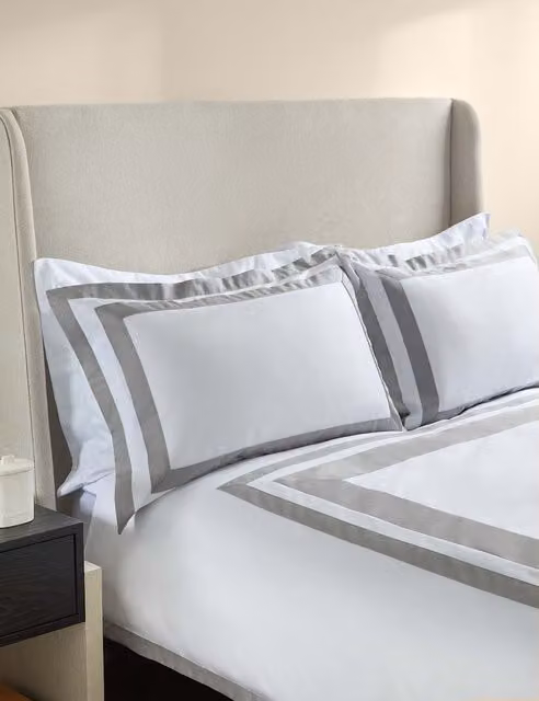 M&S x Kelly Hoppen Pure Cotton Double Border Bedding Set Grey/White W/D/H: 140 x 200 cm