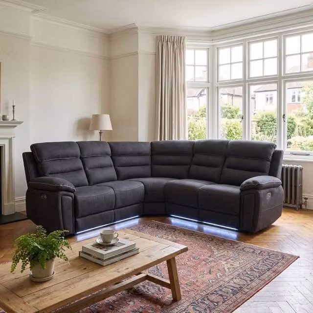 HOME LUXE INTERIOR Montana Black Fabric Electric Recliner Corner Sofa with LED Lighting and USB Charging