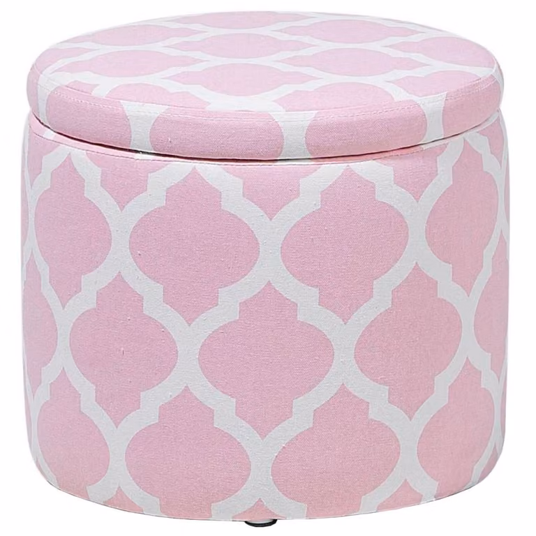 Wyld and Coco Pink and White Round Chevron Cotton Upholstered Storage Footstool