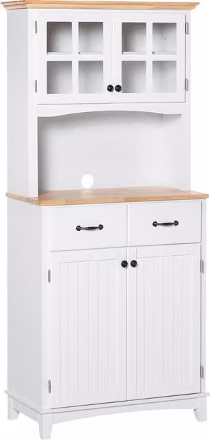 HOMCOM White Freestanding Kitchen Cupboard with Glass Doors, Drawers and Microwave Shelf, H: 172.0 cm, W: 74.0 cm, D: 37.97 cm – 1