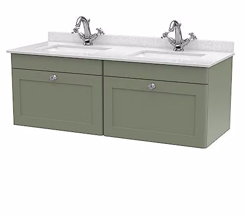 nuie Classique Wall Hung 2 Drawer Unit and 1 Tap Hole Marble Worktop with Square Basin, Satin Green/White, W: 122.0 cm, D: 50.9 cm, H: 47.0 cm