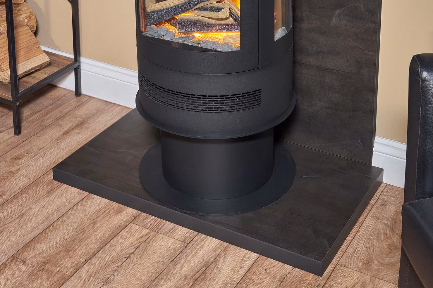 Acantha Tile and Hearth Set in Bronze Venetian Plaster Effect with Orbit Cylinder Electric Stove and Black Angled Pipe – 4