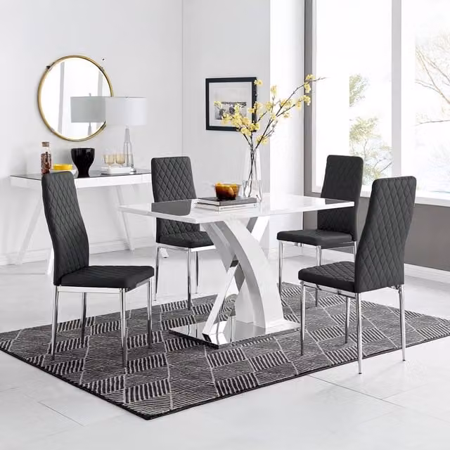 FurnitureboxUK Atlanta White High Gloss Rectangular Dining Table with X-Shaped Legs and 4 Black Faux Leather Milan Dining Chairs Set – 1
