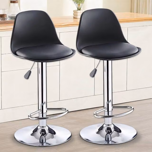 SPETLEK Set of 2 Black Synthetic Leather Swivel Bar Stools with Adjustable Height