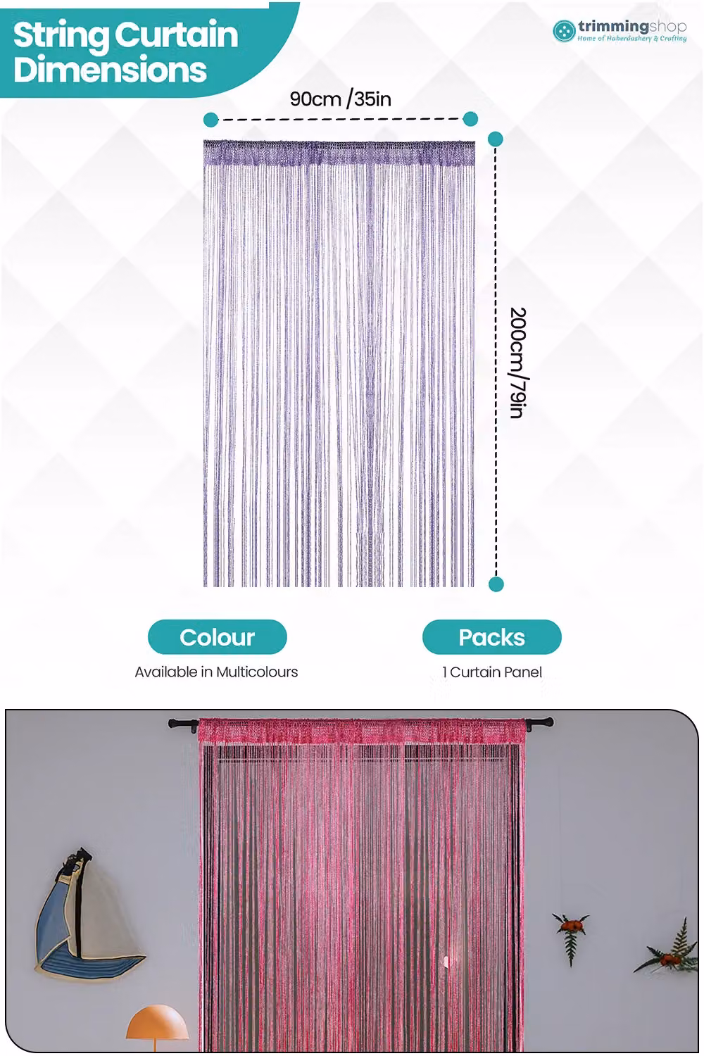 Neel Blue Glitter Polyester String Curtain with Spaghetti Tassel Fringe, W: 90 cm, H: 200 cm – 2