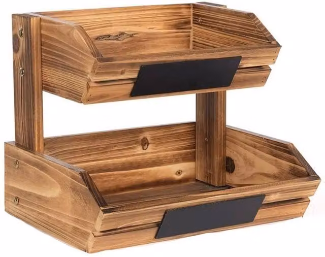 KORVIXA Rustic Chic 2-Tier Wood Kitchen Display Basket in Brown, Width: 100 cm