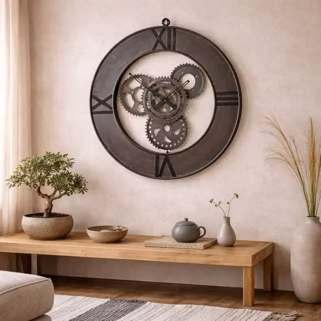 Wyld Haus Inari Industrial Metal Cogs Round Wall Clock in Brown and Black