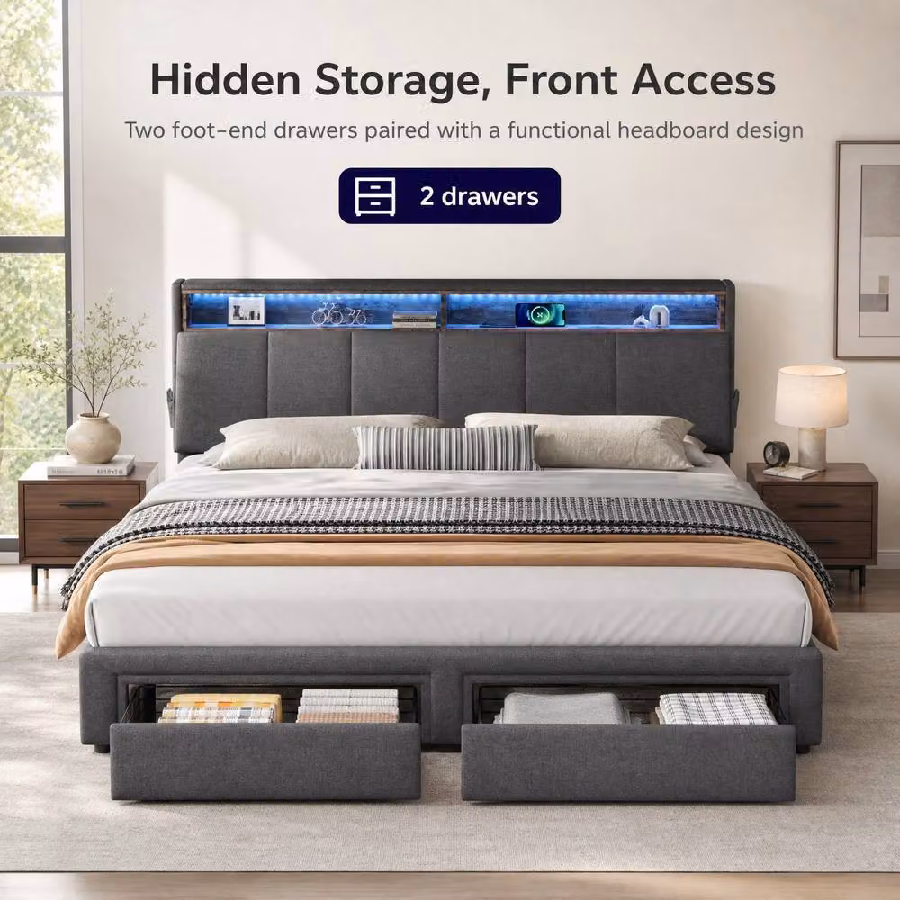 STILVORA Grey Fabric Ottoman Bed with Storage, LED Lighting and USB Charging Station, W/D/H: 180 x 200 x 112 x 162 cm – 2