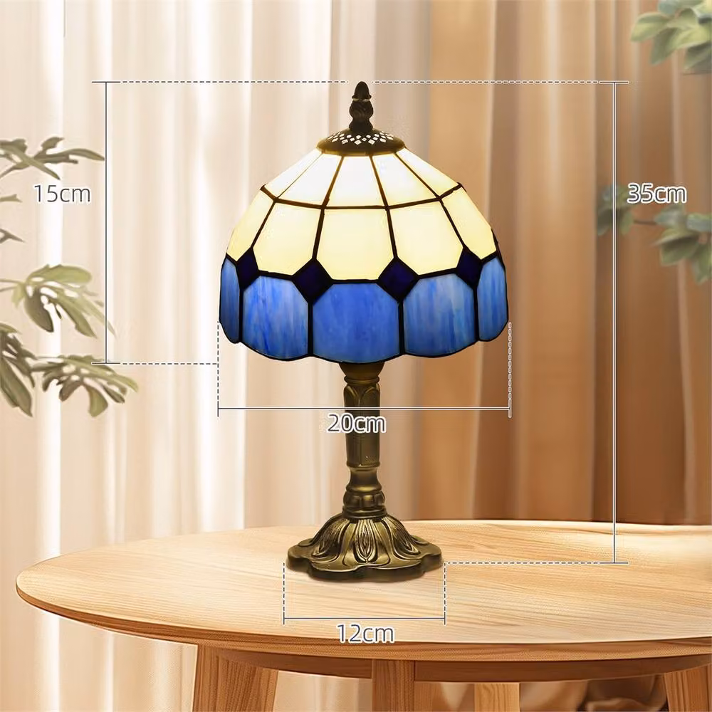 EONLION Art Deco Blue and White Stained Glass Table Lamp with Bronze Metal Base – 2
