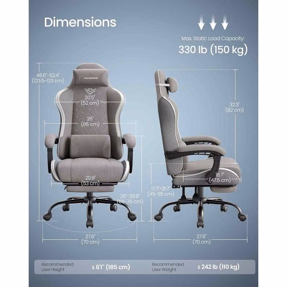 The Bazaarist Ergonomic Gaming Chair with Spring Cushion and Footrest in Grey Synthetic Leather – 3