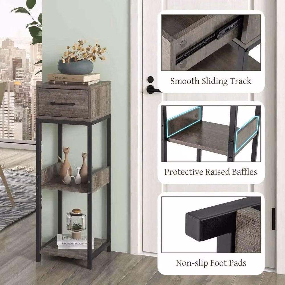 VOGREX 3-Tier Metal Plant Stand with Drawer in Grey – 4
