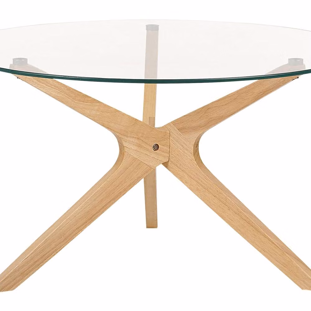 Wyld and Coco Round Coffee Table with Transparent Tempered Glass Top and Rubberwood Legs, Diameter: 80 cm – 2