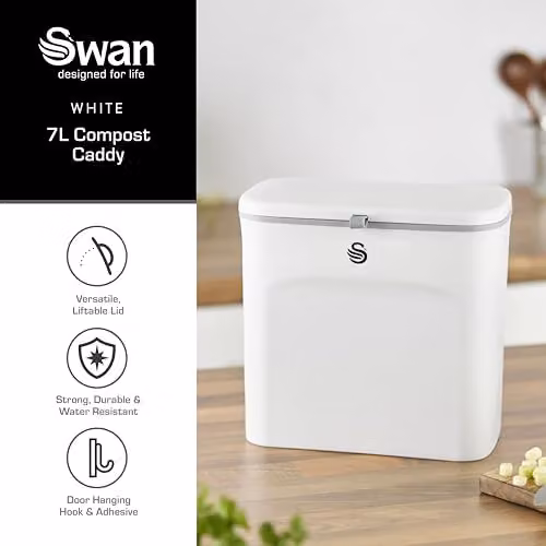 Swan 7L Kitchen Compost Caddy with Flip Lid in White – 2
