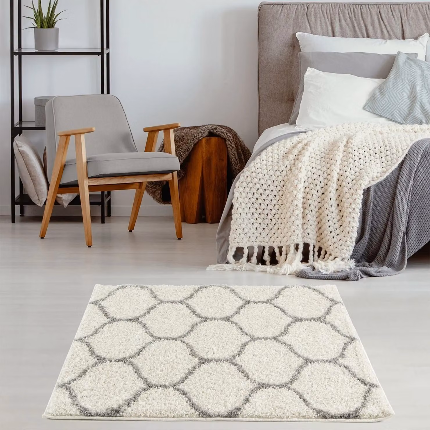 THE RUGS Moroccan Soft High Pile Shaggy Trellis Rug, Off-White, W: 80 cm, L: 150 cm – 3