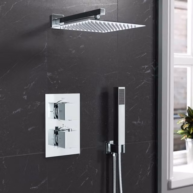 Nes Home Square Concealed Thermostatic Shower Mixer Set with Overhead Shower and Handset in Metallic Silver – 1
