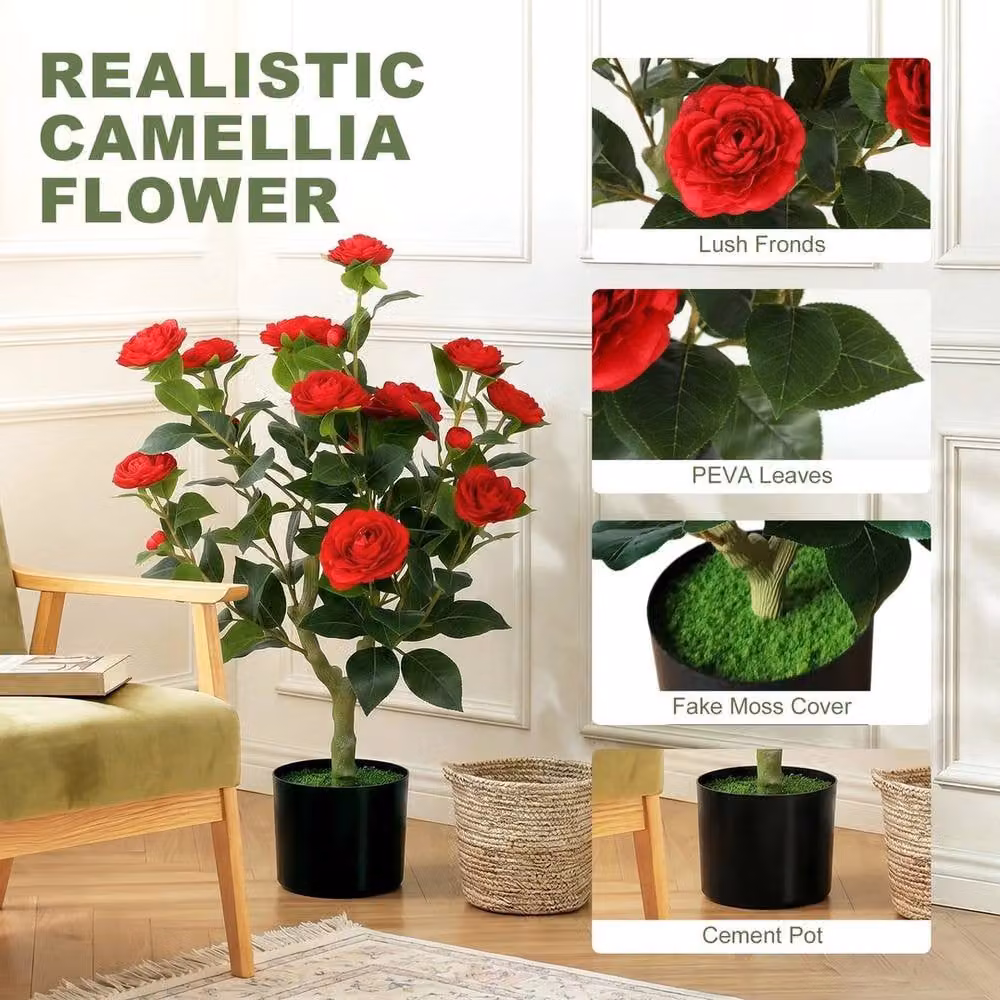 EONLION Red Artificial Camellia Flower Plant, Height: 100 cm – 4