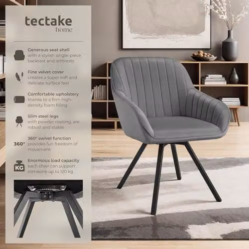 tectake Grey Velvet Swivel Armchair with Tub Design and Armrests – 4