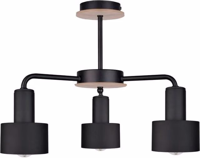 Netlighting Luce Multi Arm Semi Flush Ceiling Light in Black and Wood, 44cm, 3x E27