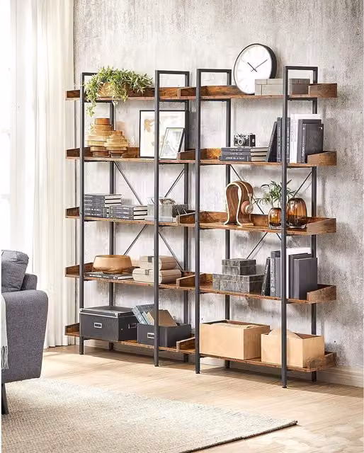 The Bazaarist 5-Tier Industrial Style Freestanding Bookshelf Storage Unit in Rustic Brown and Black, W/D/H: 76 x 28 x 178 cm