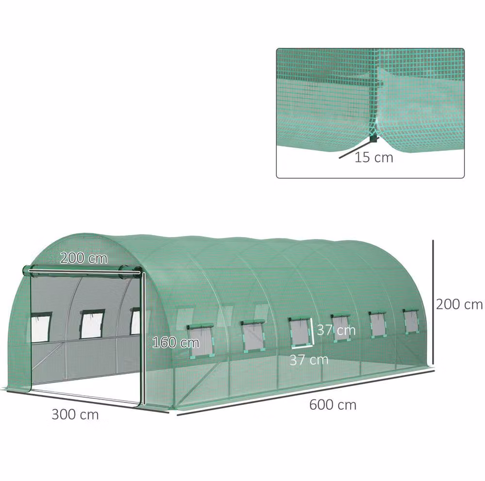 STILVORA Green Plastic Greenhouse Replacement Cover with Roll-Up Windows, W 6 m x D 3 m – 3