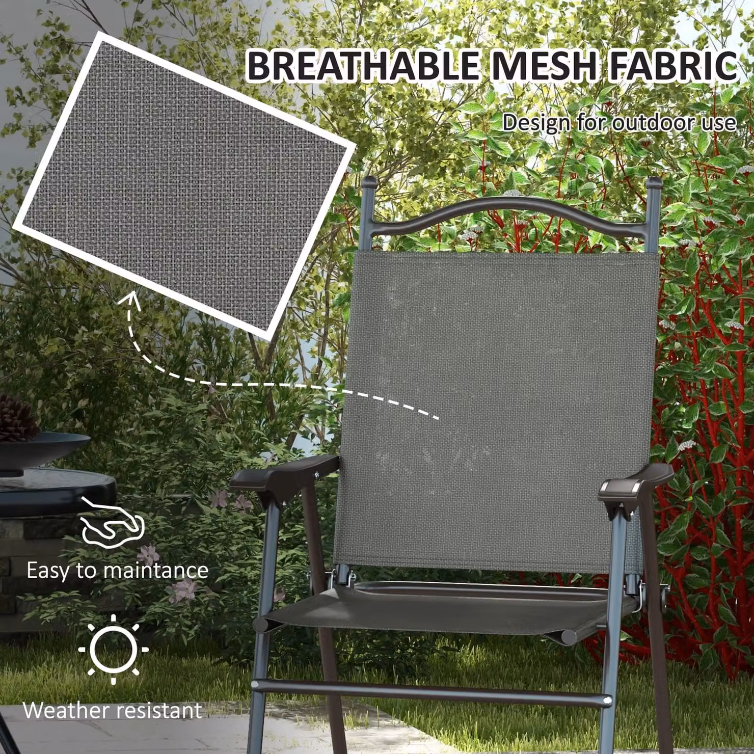 OUTSUNNY Set of 2 Folding Chairs with Armrests in Dark Grey with Breathable Mesh Fabric Seats – 4