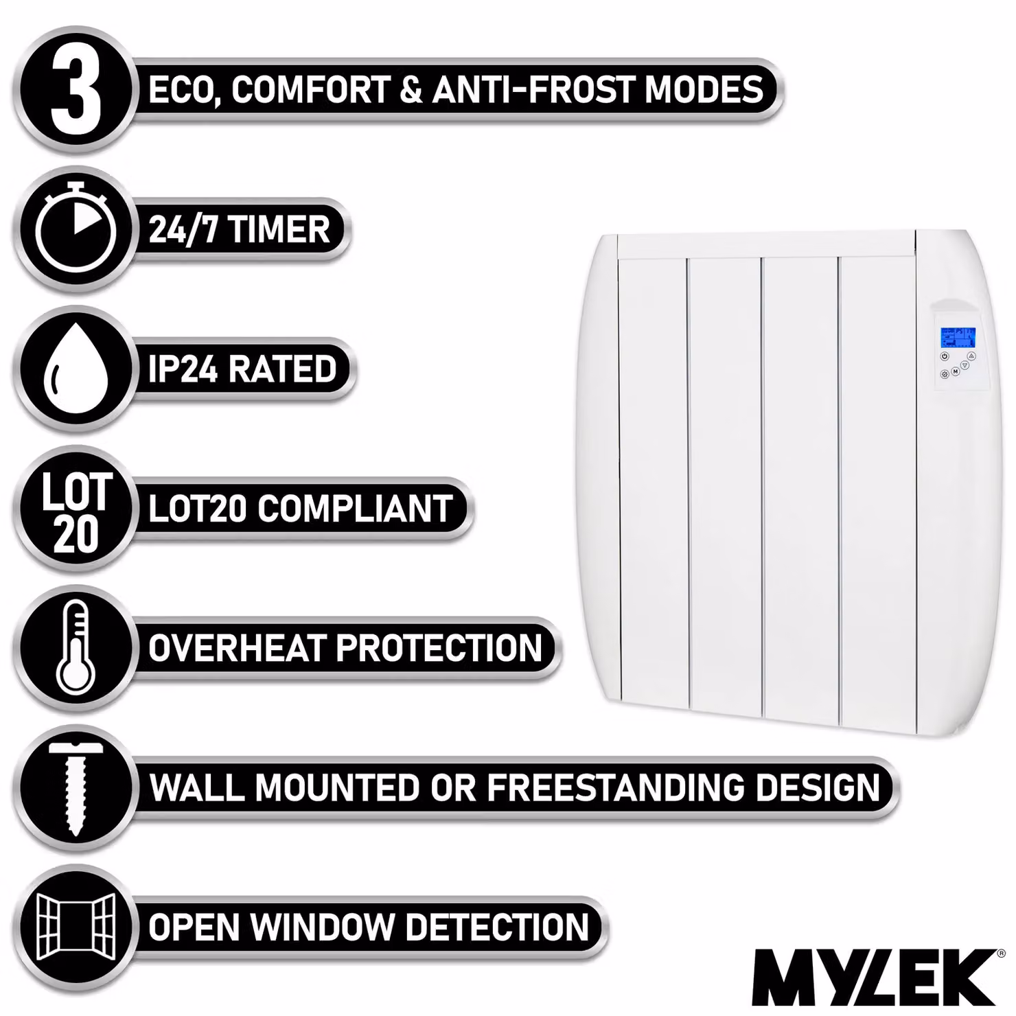 MYLEK Aluminium Electric Panel Convector Heater with 24/7 Digital Timer, 1000W, White – 2